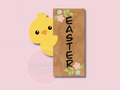 Easter-themed wooden sign with a chick and flowers on a pink background