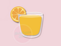 Illustration of a glass of orange juice with a slice of orange on a pink background, 