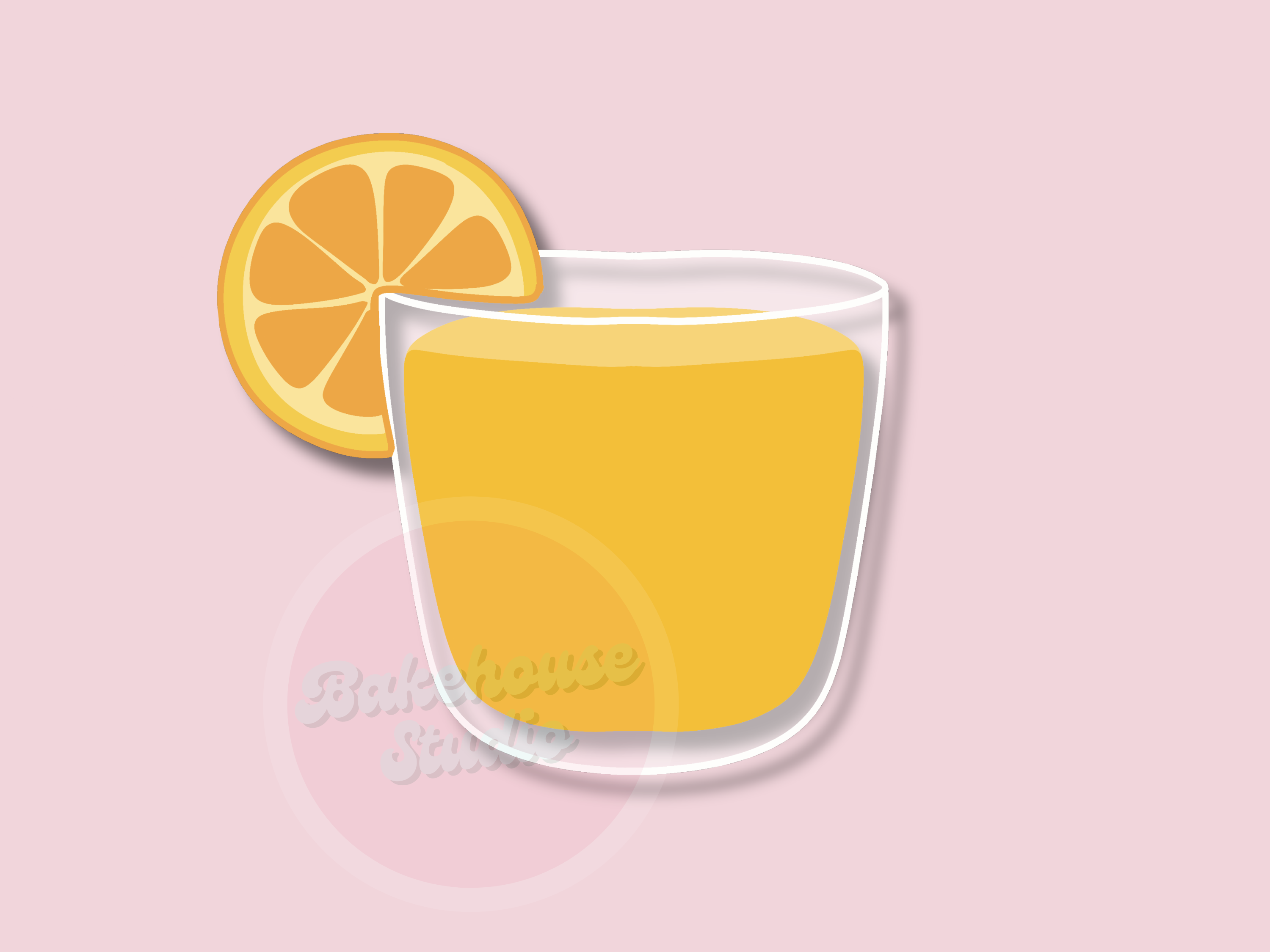Illustration of a glass of orange juice with a slice of orange on a pink background, 