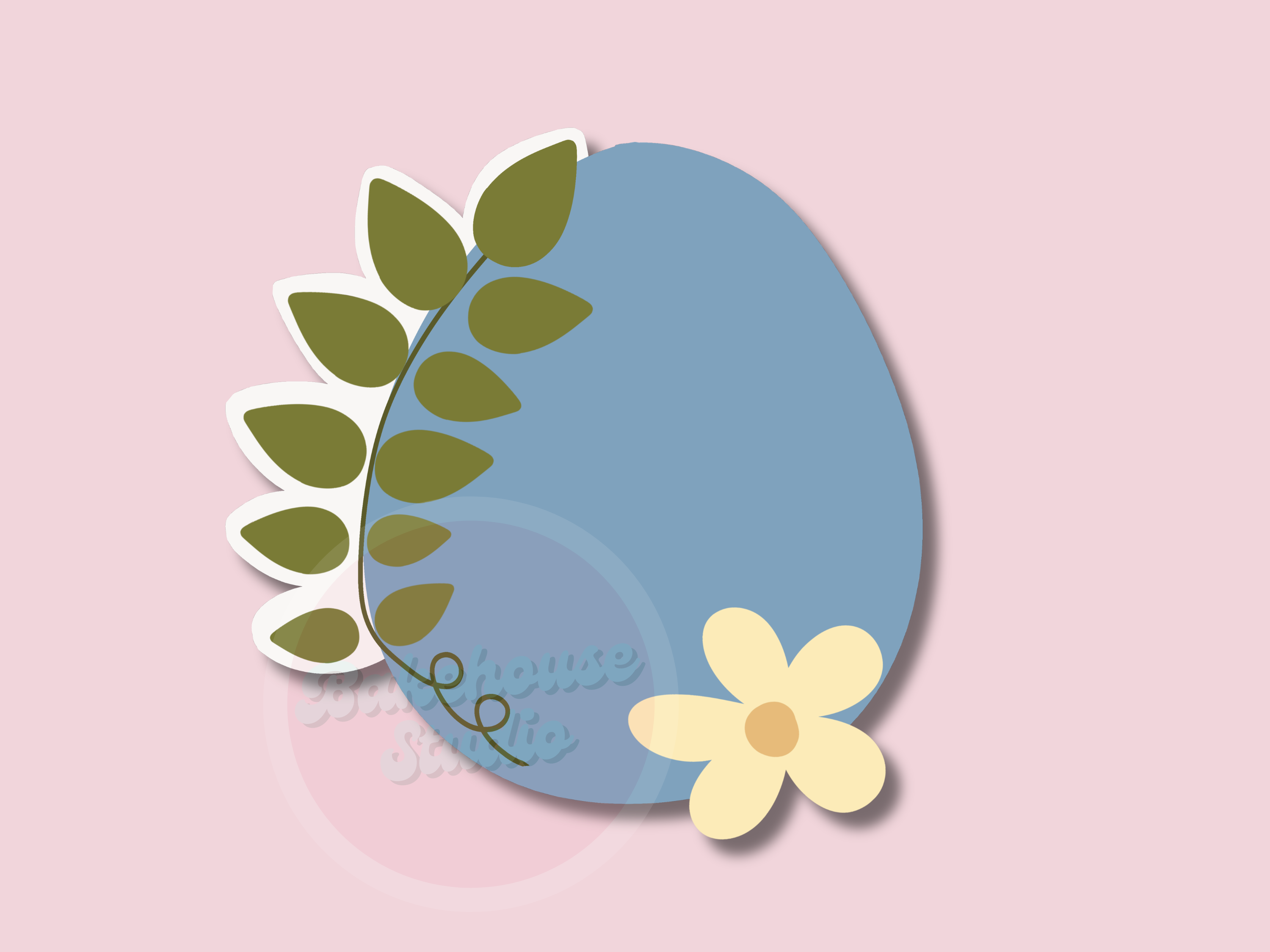 Blue Easter egg with green leaves and a yellow flower on a pink background
