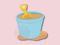Blue sand pail with yellow shovel on a pink background