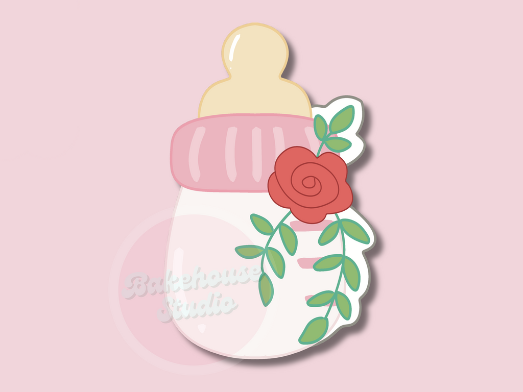 design of a baby bottle with a rose on a pink background