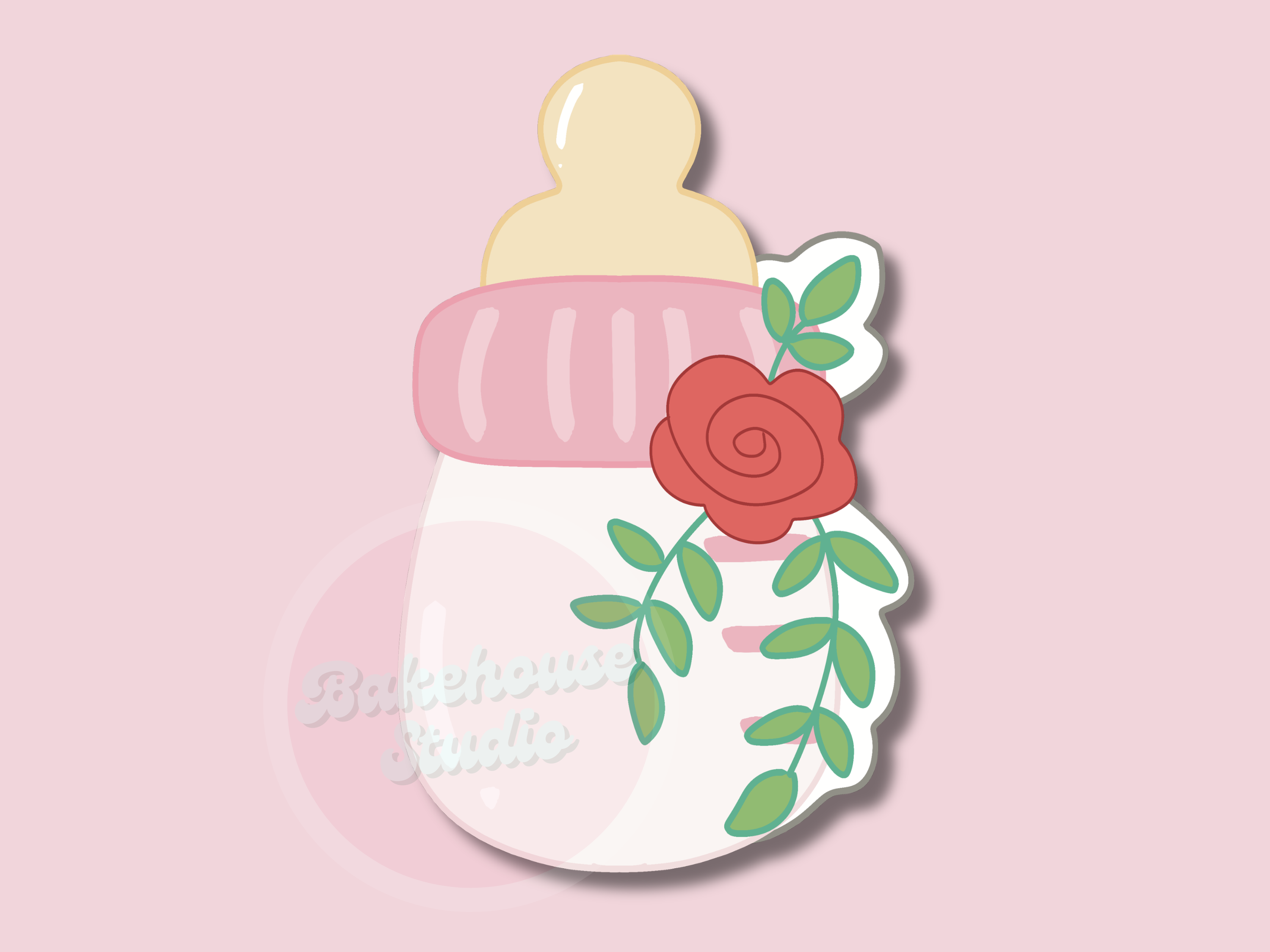 design of a baby bottle with a rose on a pink background