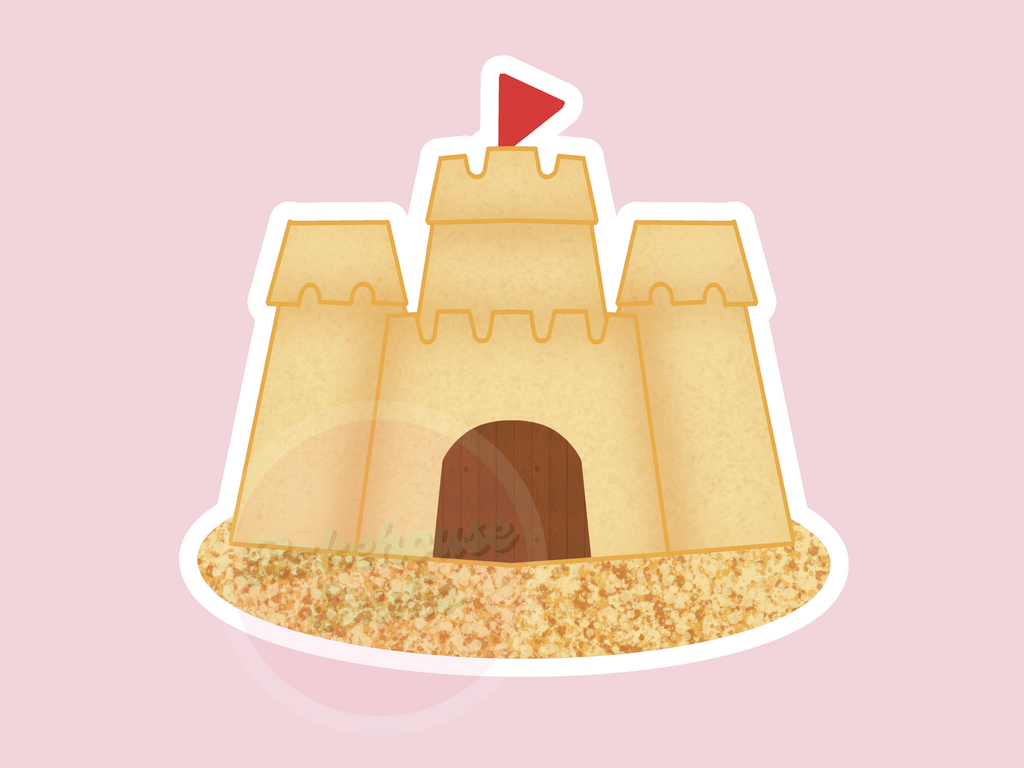 Illustration of a sandcastle with a red flag on a pink background