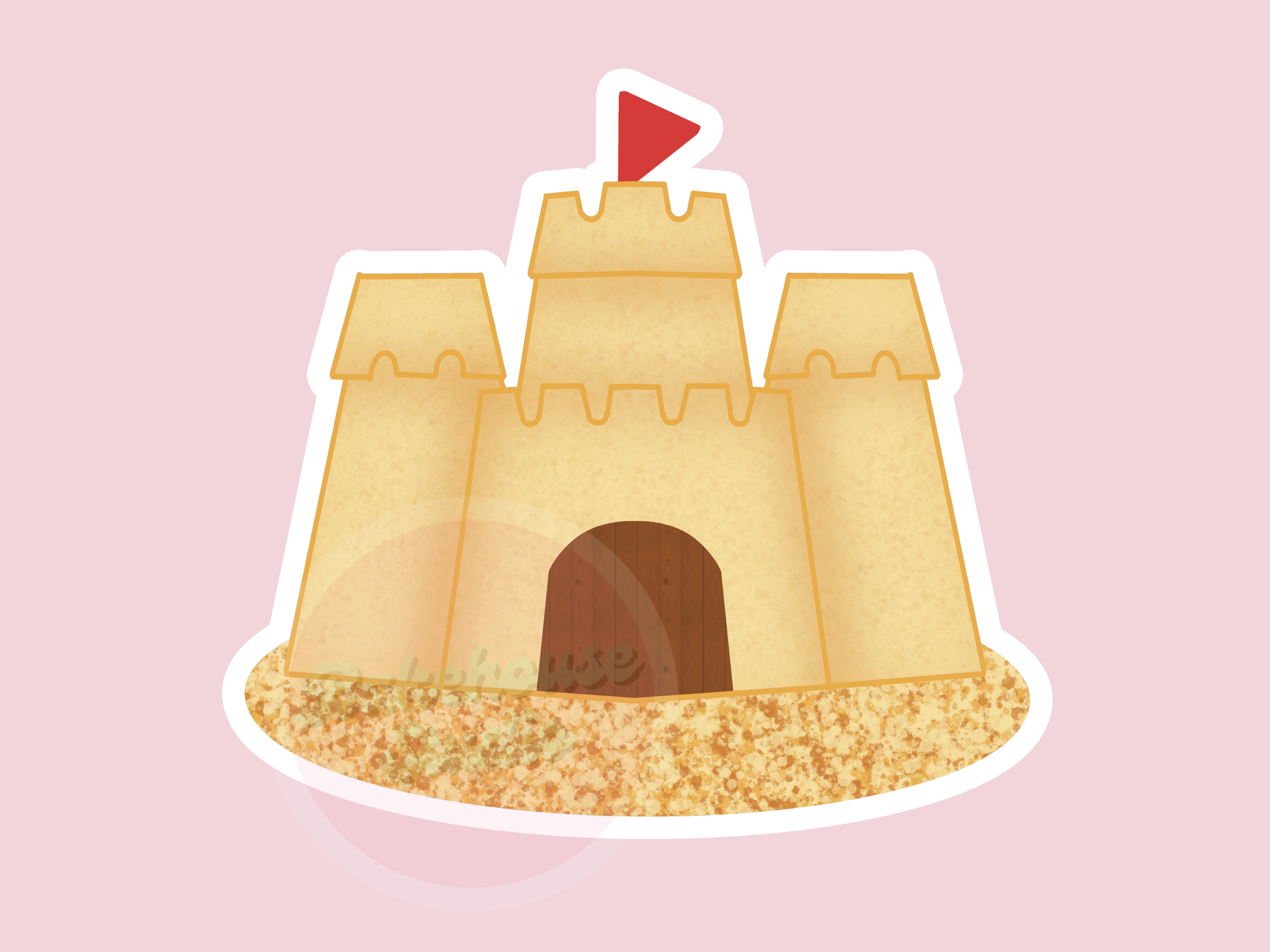 Illustration of a sandcastle with a red flag on a pink background