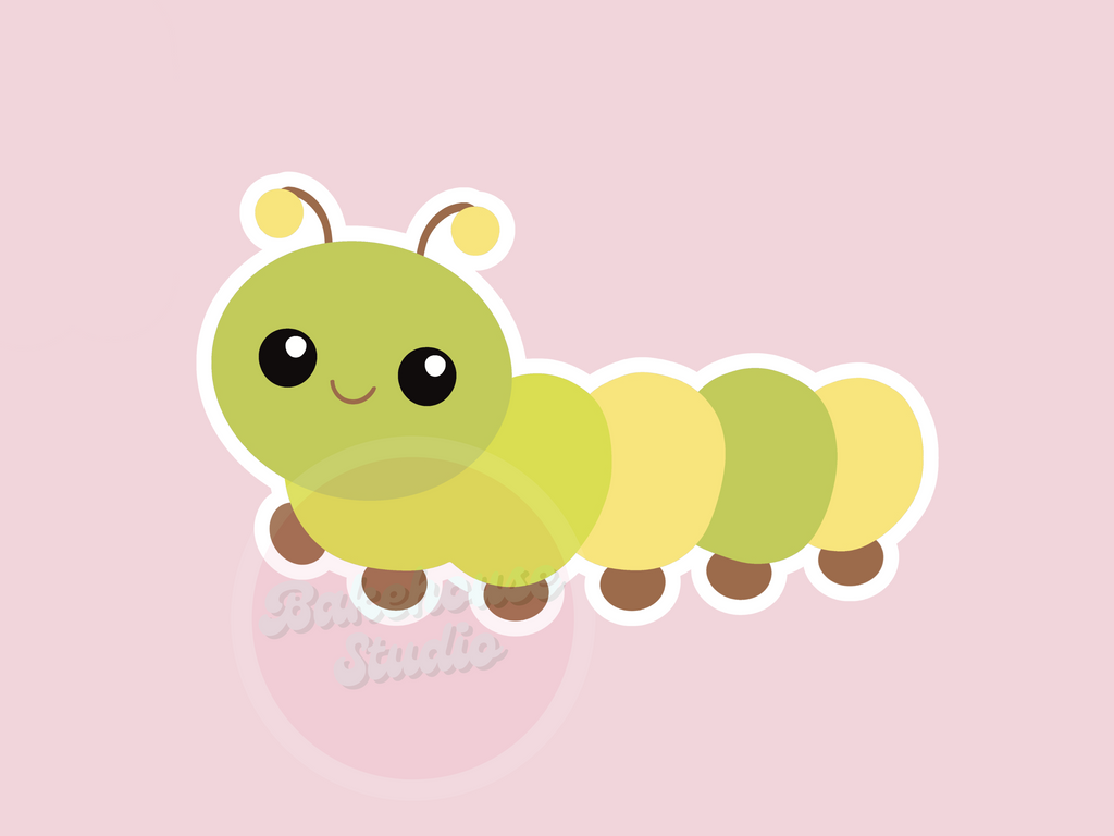 Cartoon caterpillar on a pink background with STL and PNG icons.