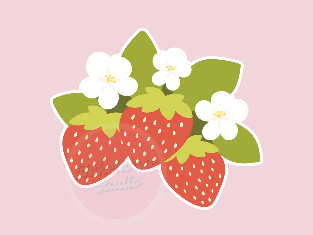 Illustration of strawberries with green leaves and white flowers on a pink background