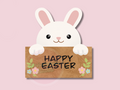 Cartoon bunny holding a 'Happy Easter' sign on a pink background