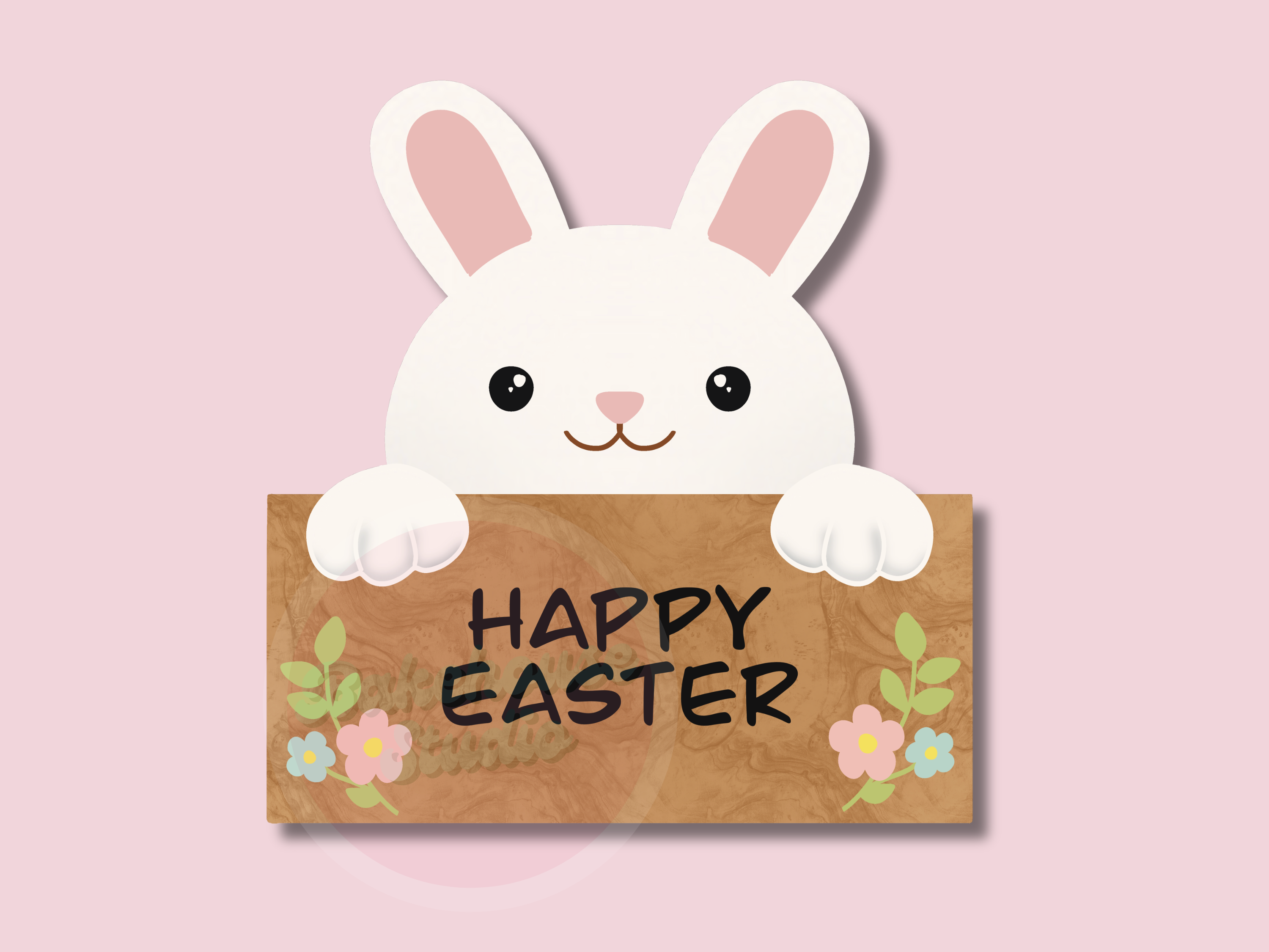 Cartoon bunny holding a 'Happy Easter' sign on a pink background