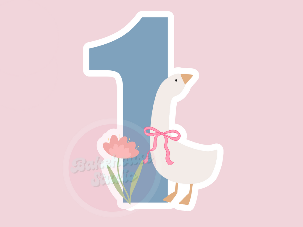 Illustration of a goose with flowers and a number one on a pink background