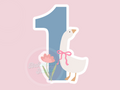 Illustration of a goose with flowers and a number one on a pink background