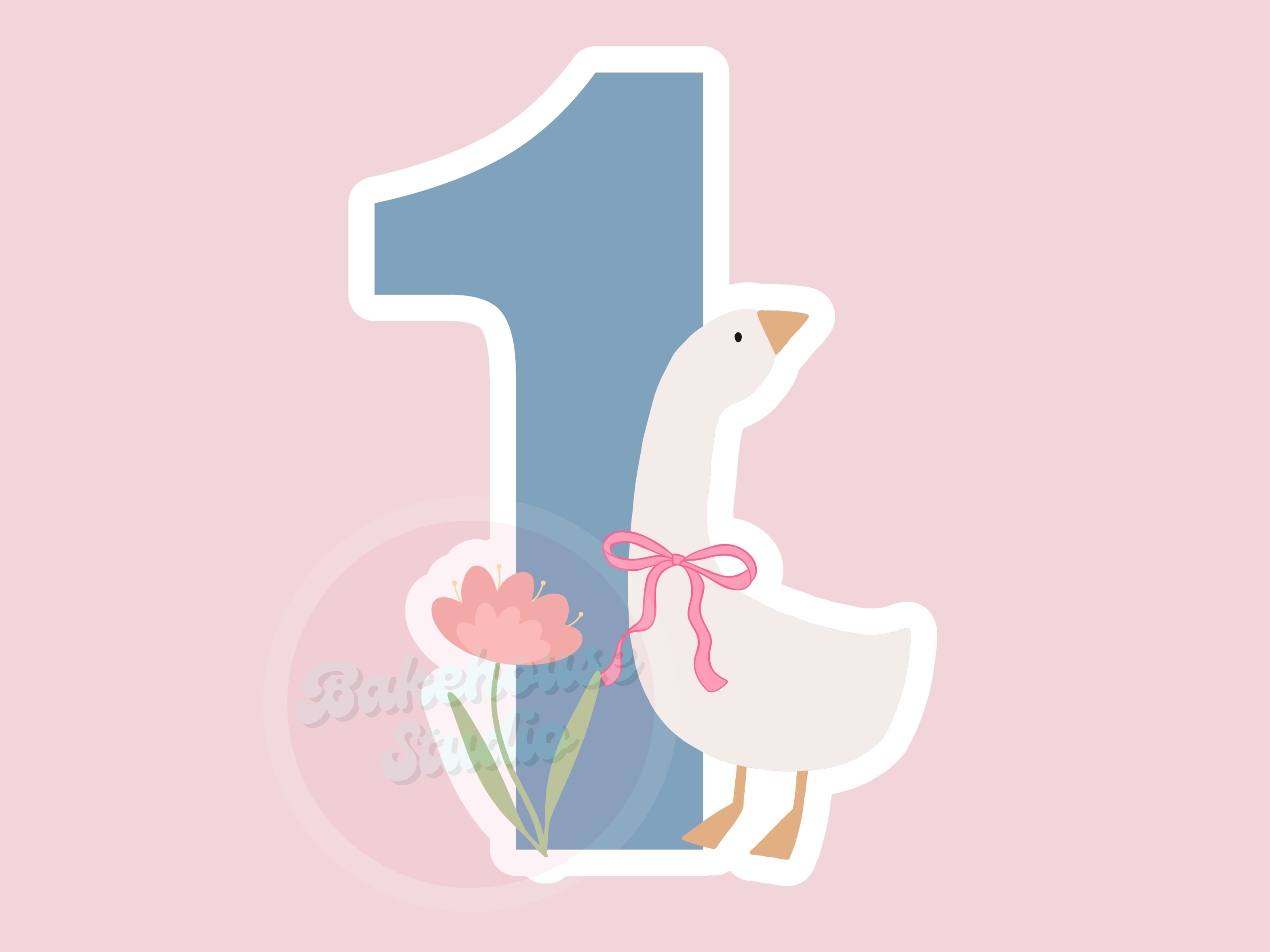 Illustration of a goose with flowers and a number one on a pink background