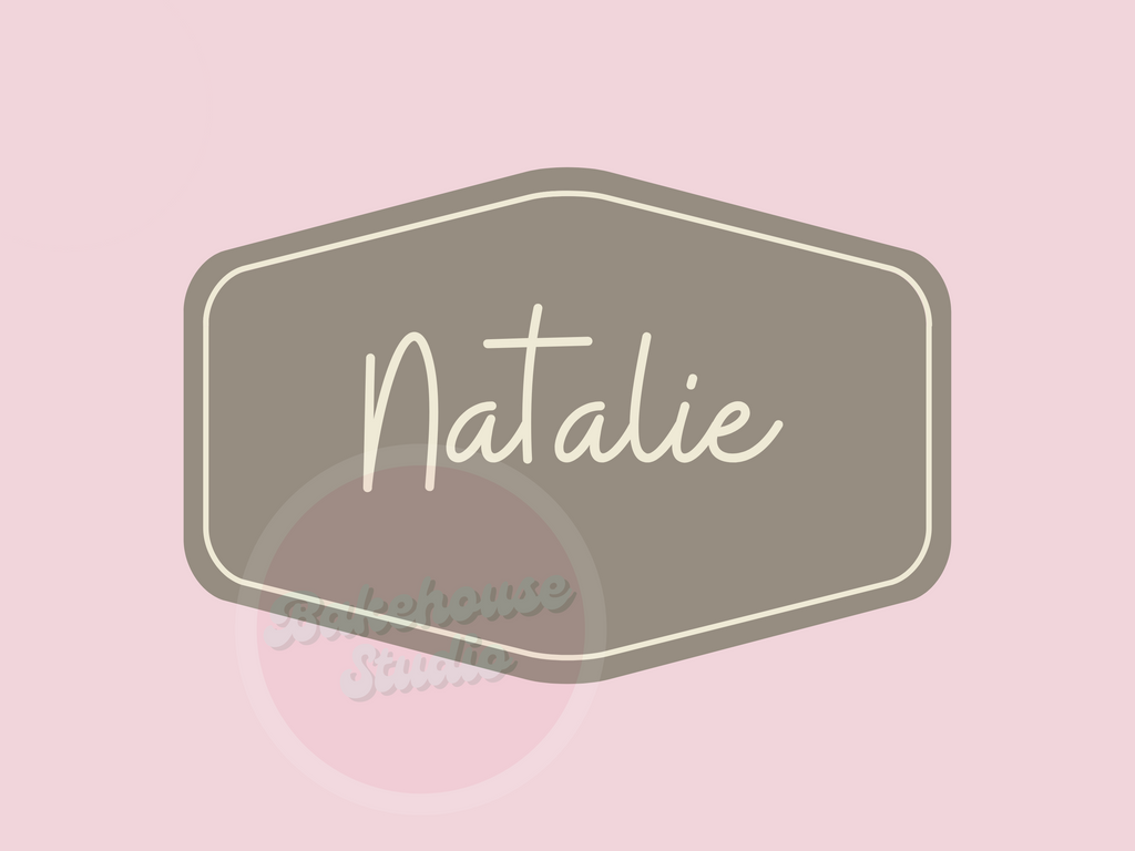 Name 'Natalie' in a decorative font on a pink background with a logo in the corner.