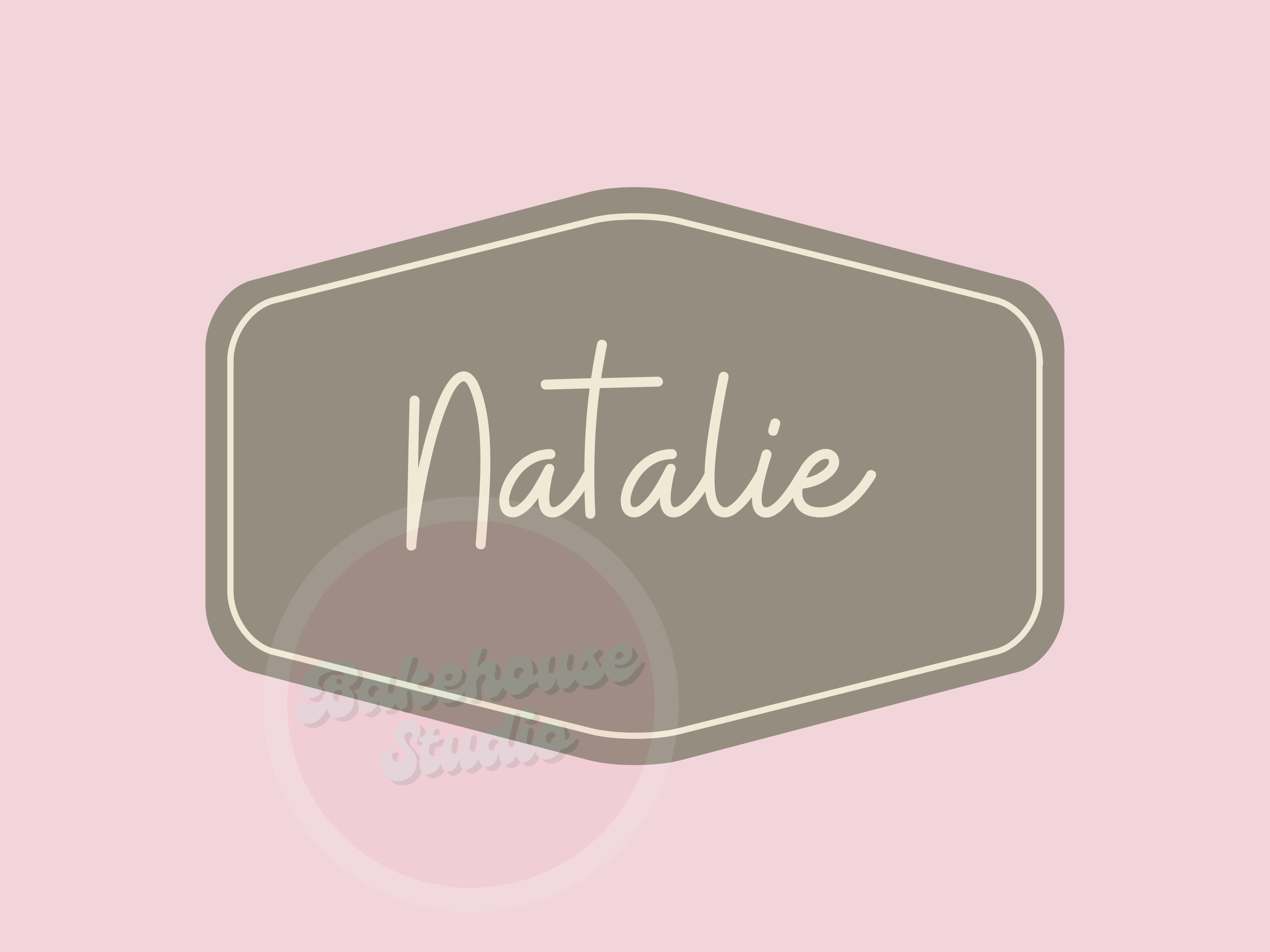 Name 'Natalie' in a decorative font on a pink background with a logo in the corner.