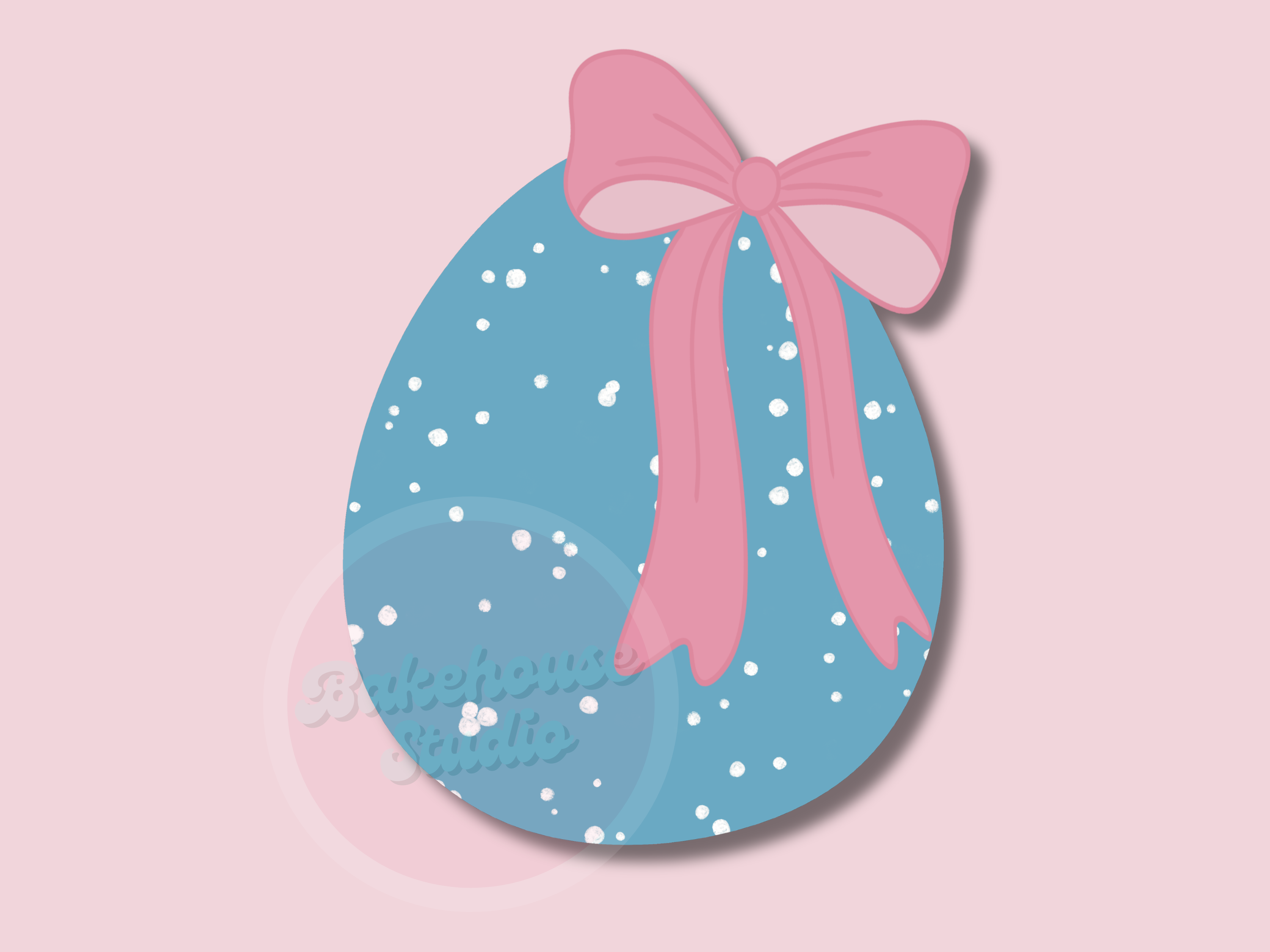 Blue Easter egg with pink bow on a pink background