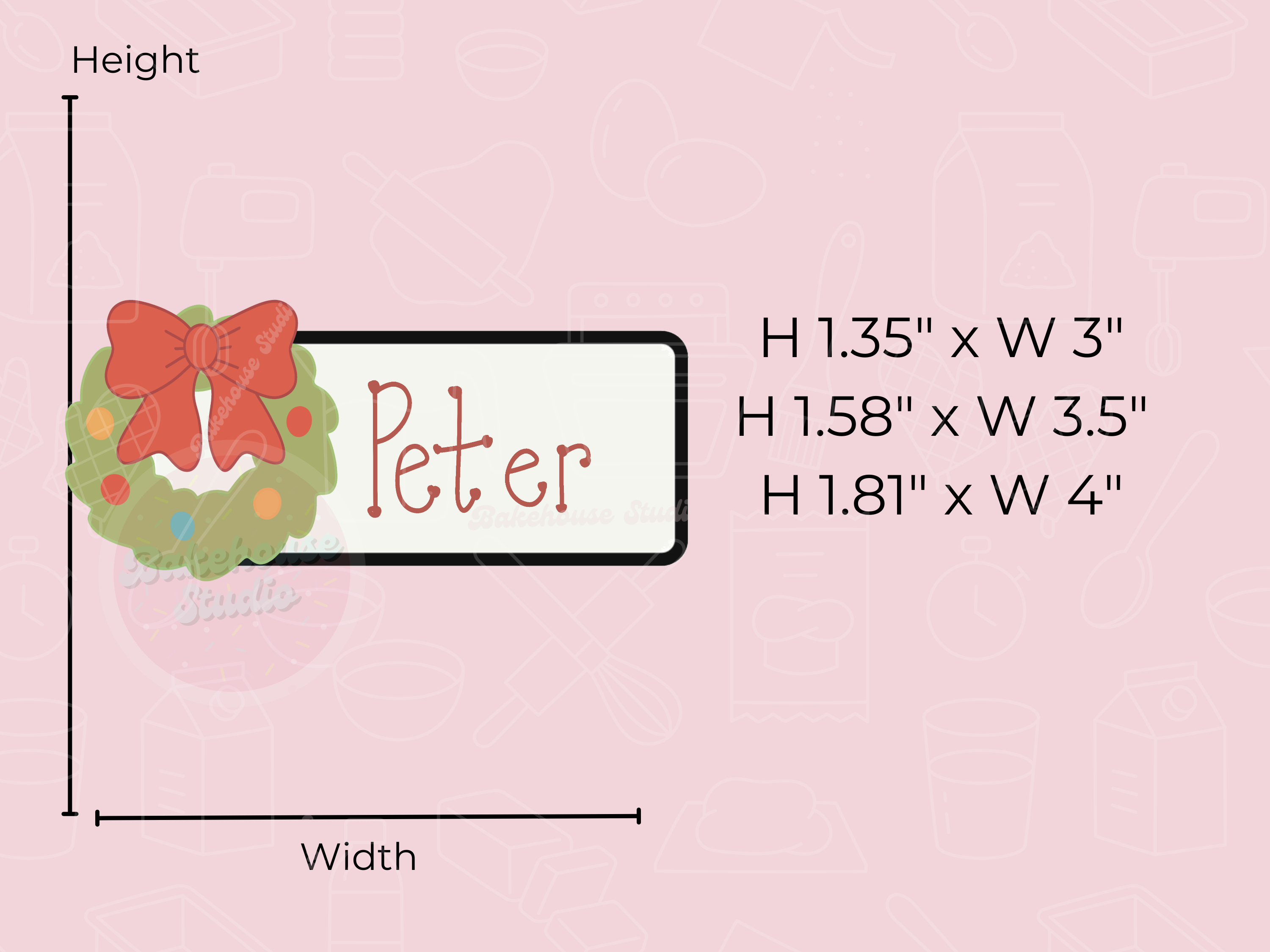 Measurement chart for a name tag with a Christmas wreath design on a pink background