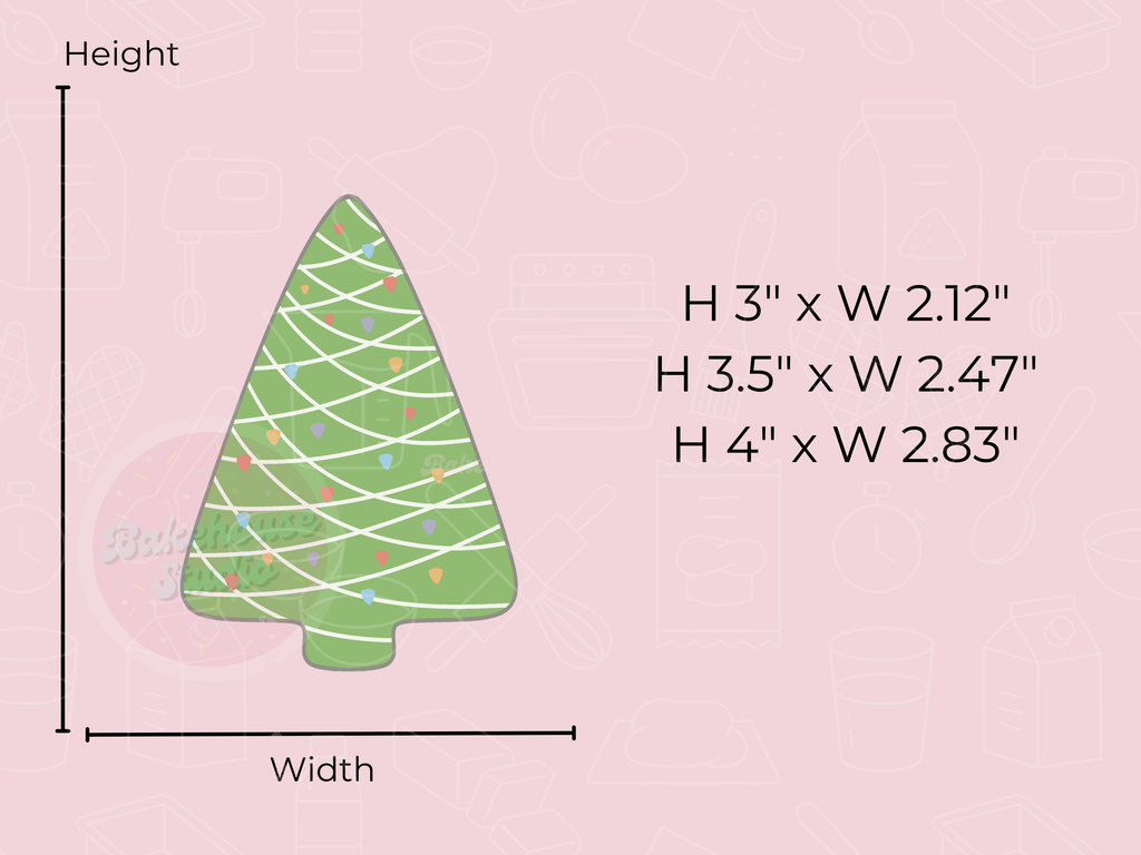 Green tree-shaped object with measurements on a pink background