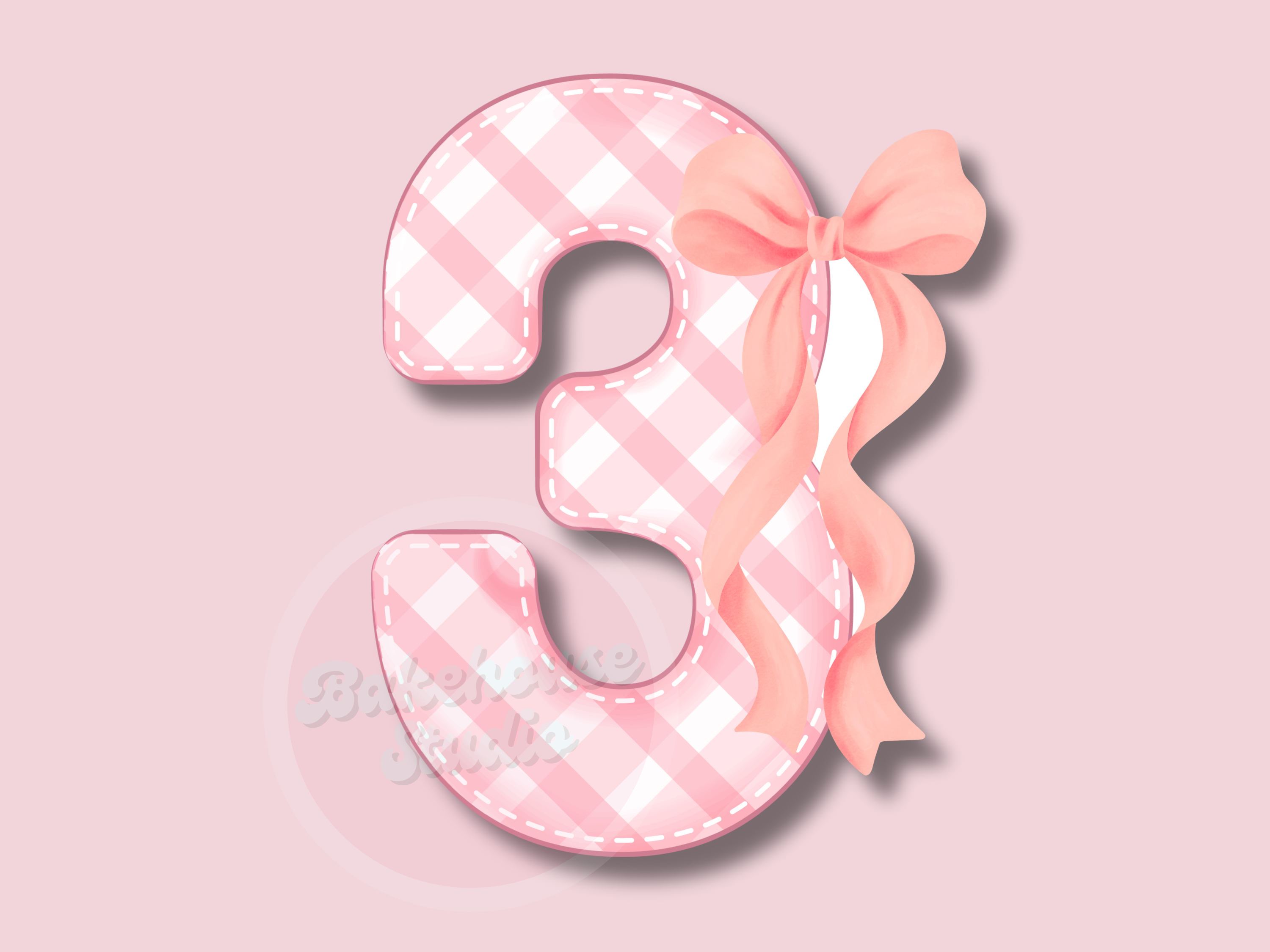 Pink checkered letter '3' with a bow on a pink background