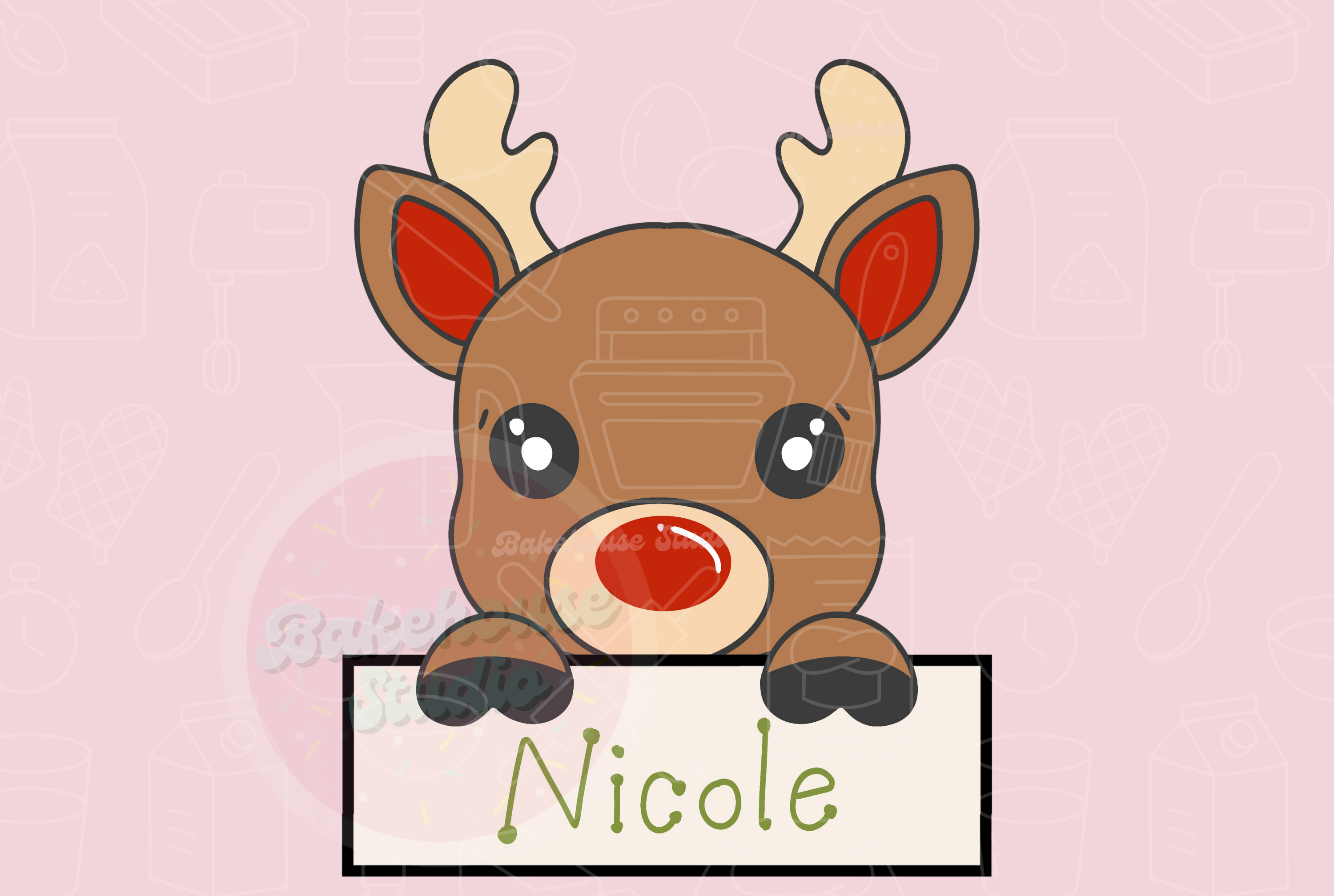 Cartoon reindeer holding a sign with the name 'Nicole' on a pink background