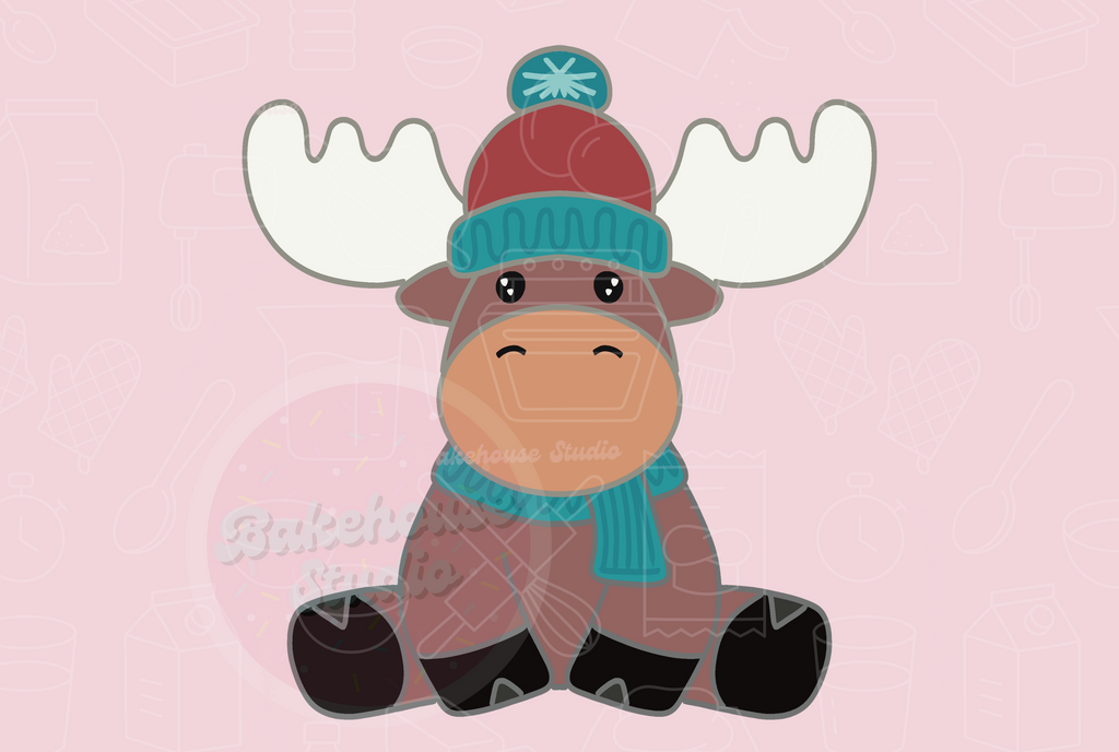 Cartoon moose wearing a hat and scarf on a pink background with 'STL Digital File' text.