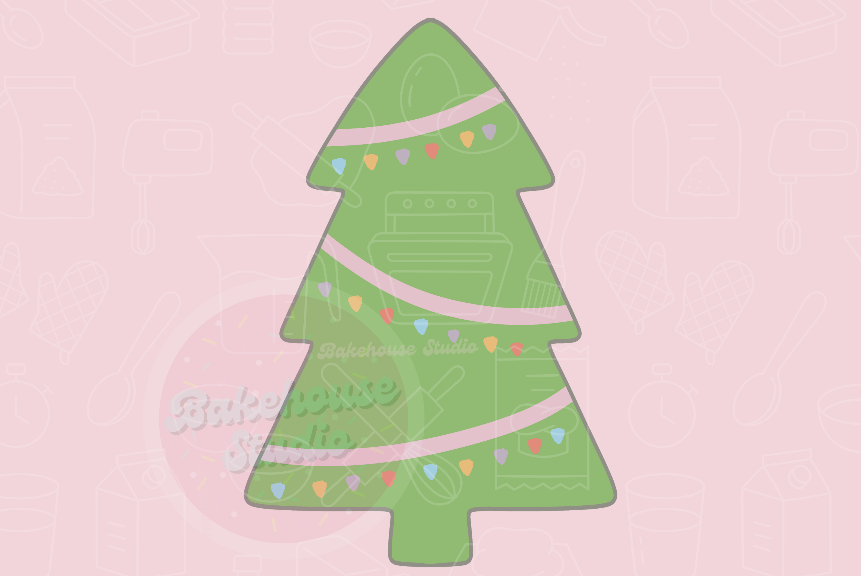 Green Christmas tree design with colorful decorations on a pink background, labeled 'STL Digital File'.