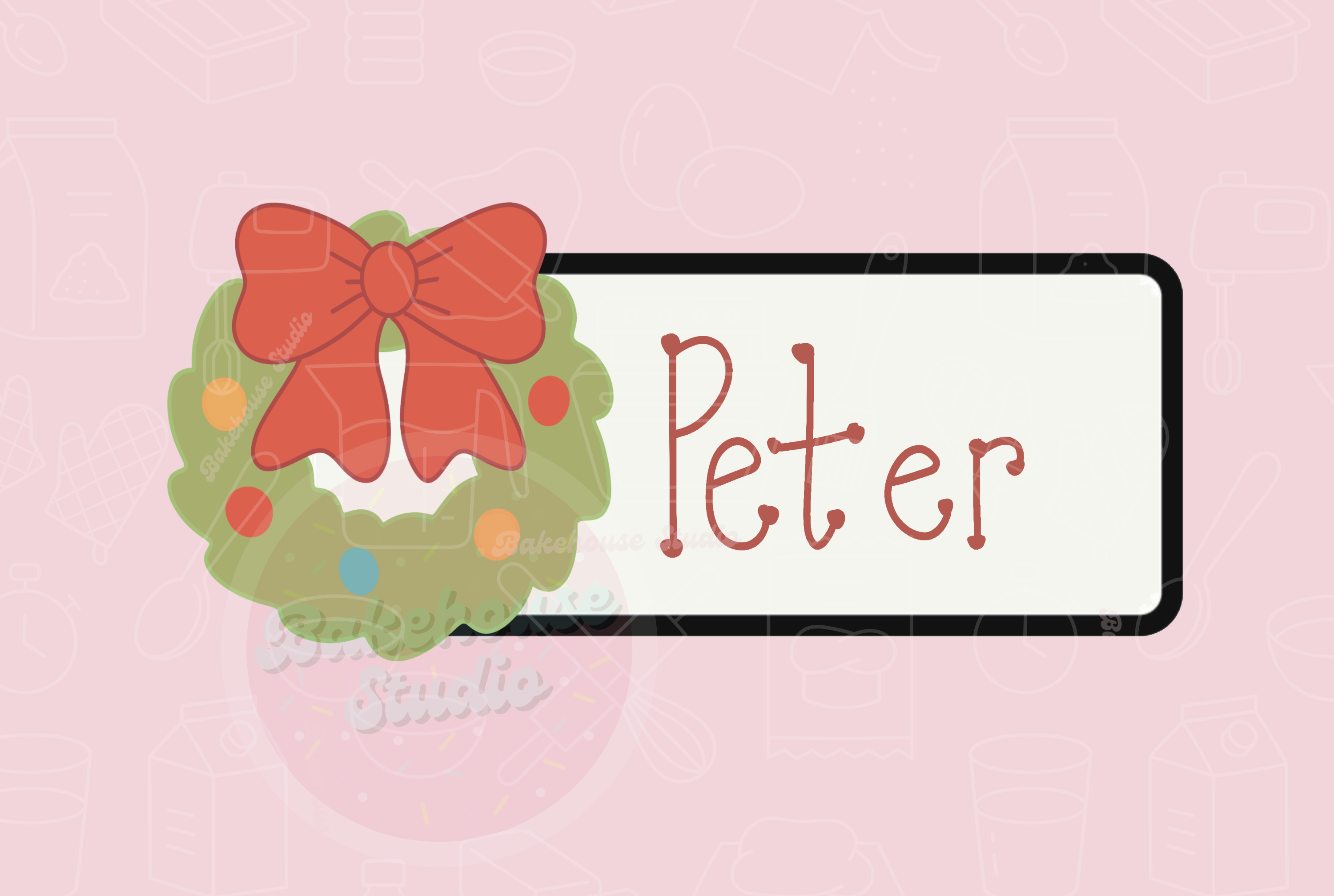 Personalized name tag with a red bow and green wreath on a pink background, labeled as an STL digital file.