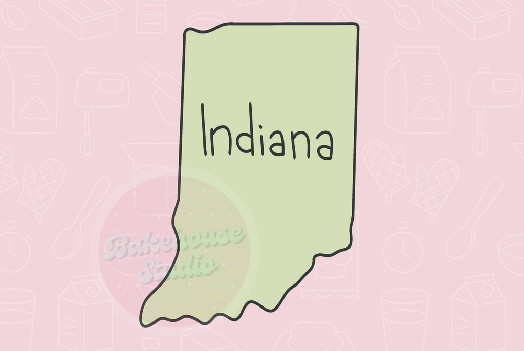 Outline of the state of Indiana on a pink background with 'Indiana' text.