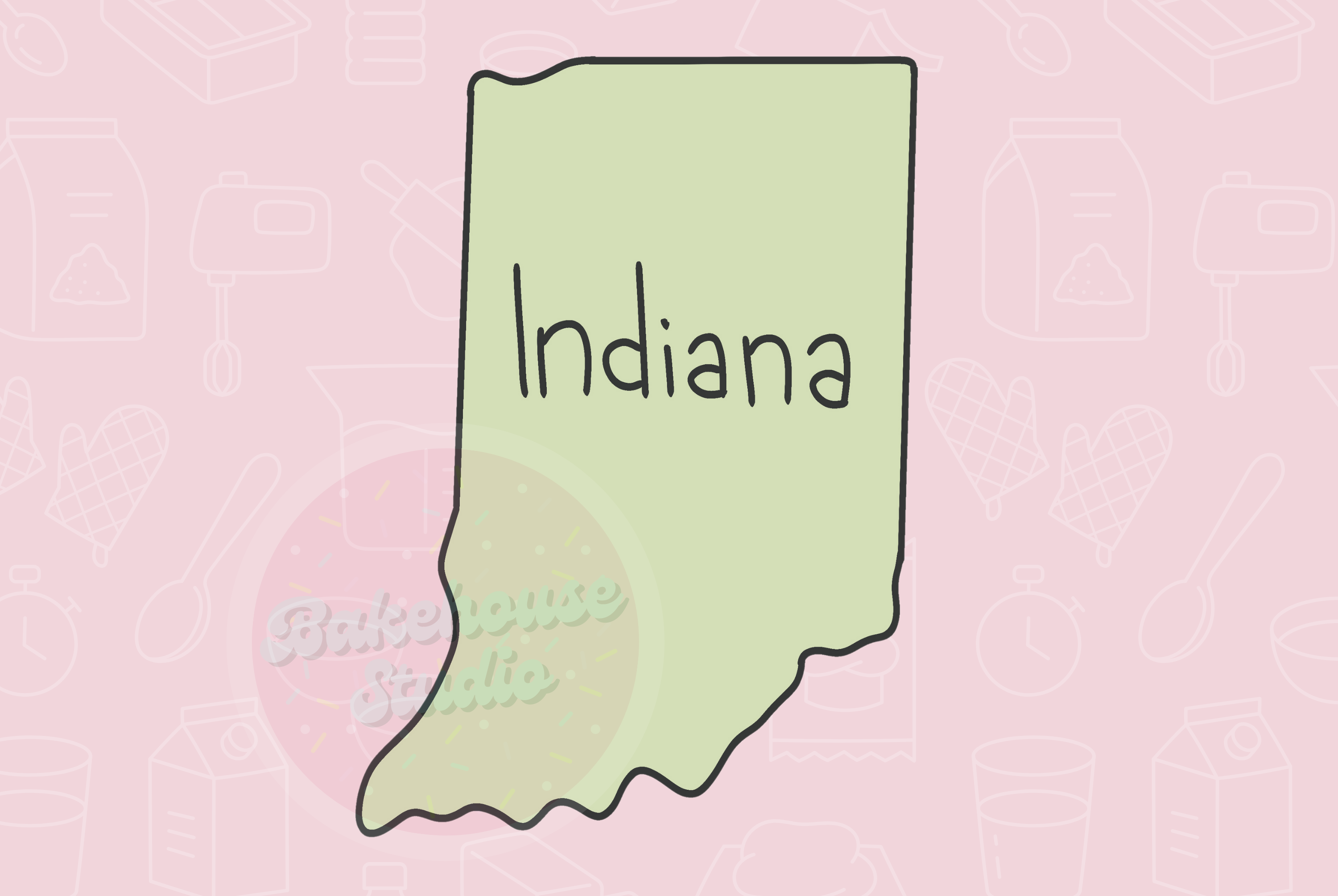 Outline of the state of Indiana on a pink background with 'Indiana' text.