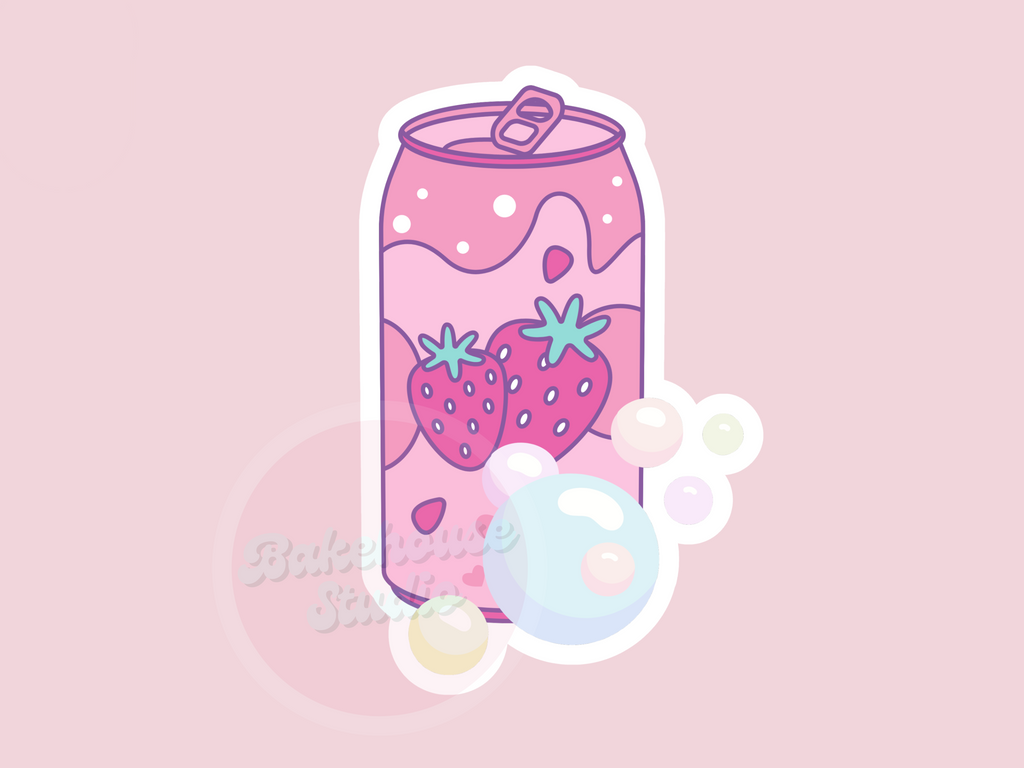 Pink soda can with strawberry design on a pink background