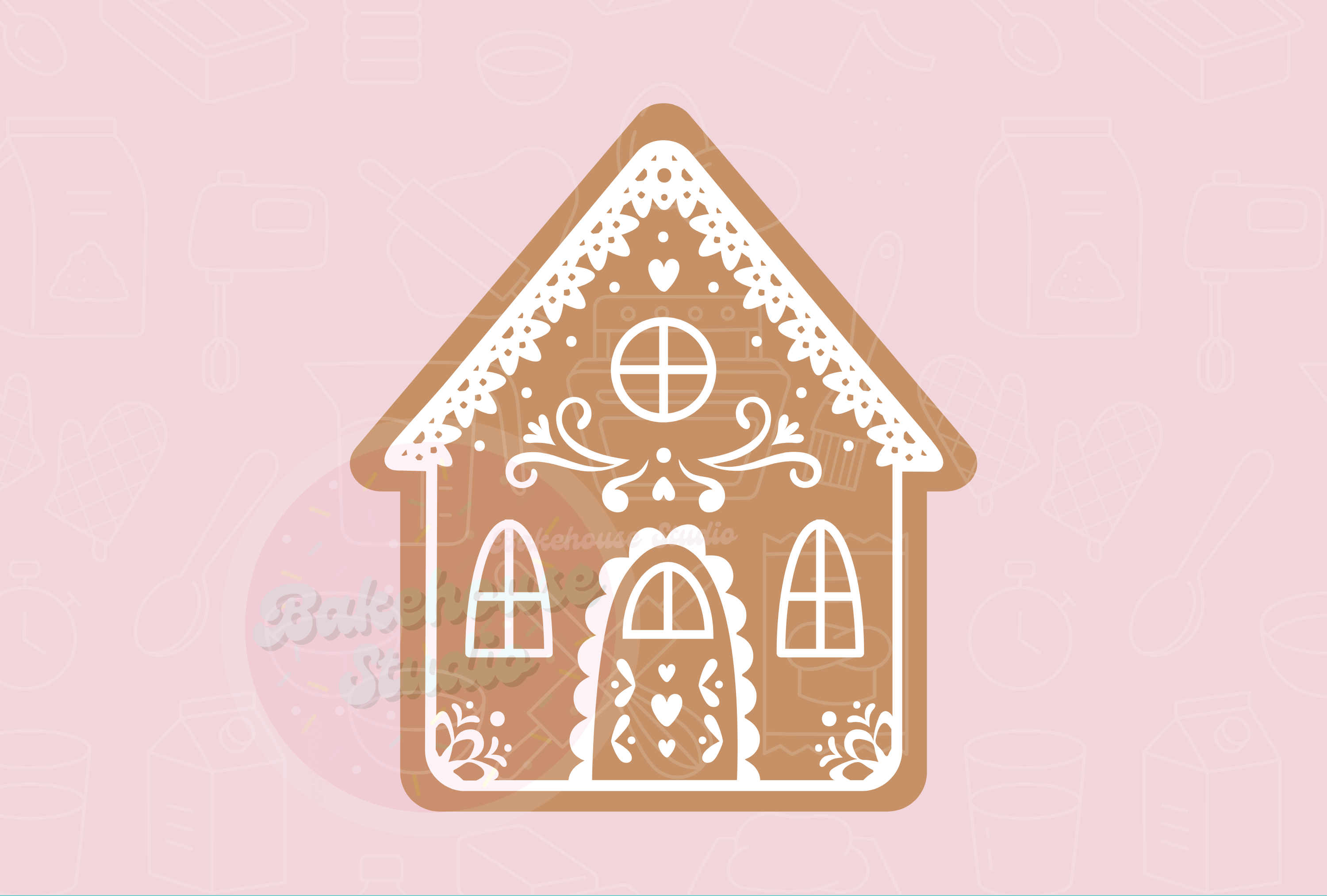 Decorative gingerbread house design on a pink background with 'STL Digital File' text.