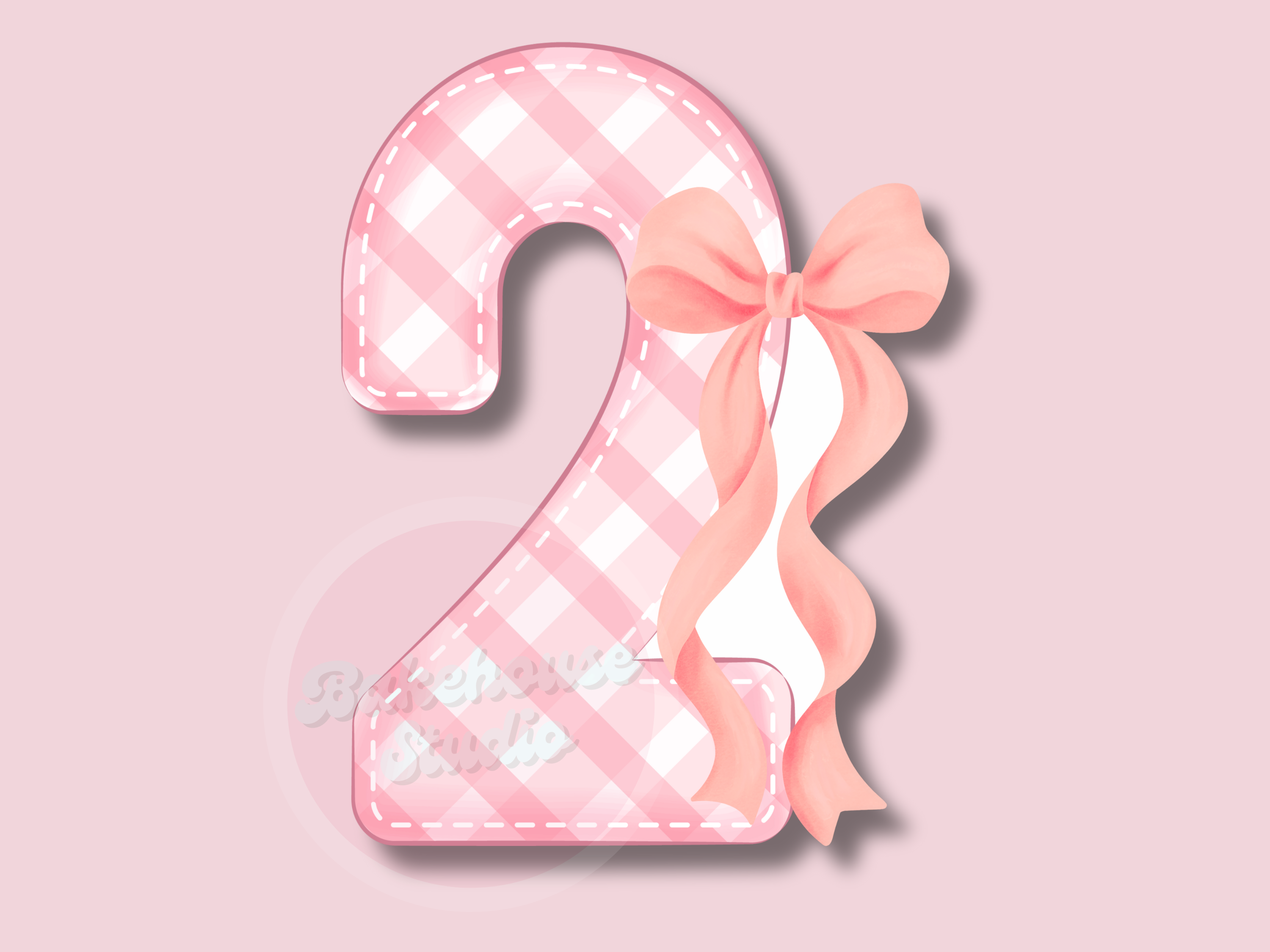 Pink checkered number '2' with a bow on a pink background